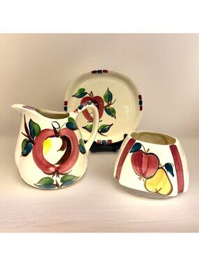 Vintage Puritan Slipware  Pitcher, Dip Jar Canister, & Plate Apple Pear 1940s
